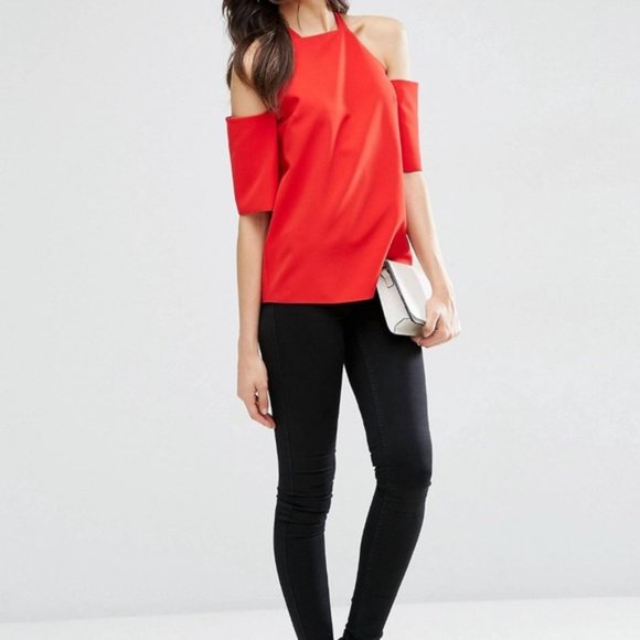 Asos Summer Fall Preppy Casual Chic Cold Shoulder Crepe Tank Top Red Size 8 - Picture 11 of 11